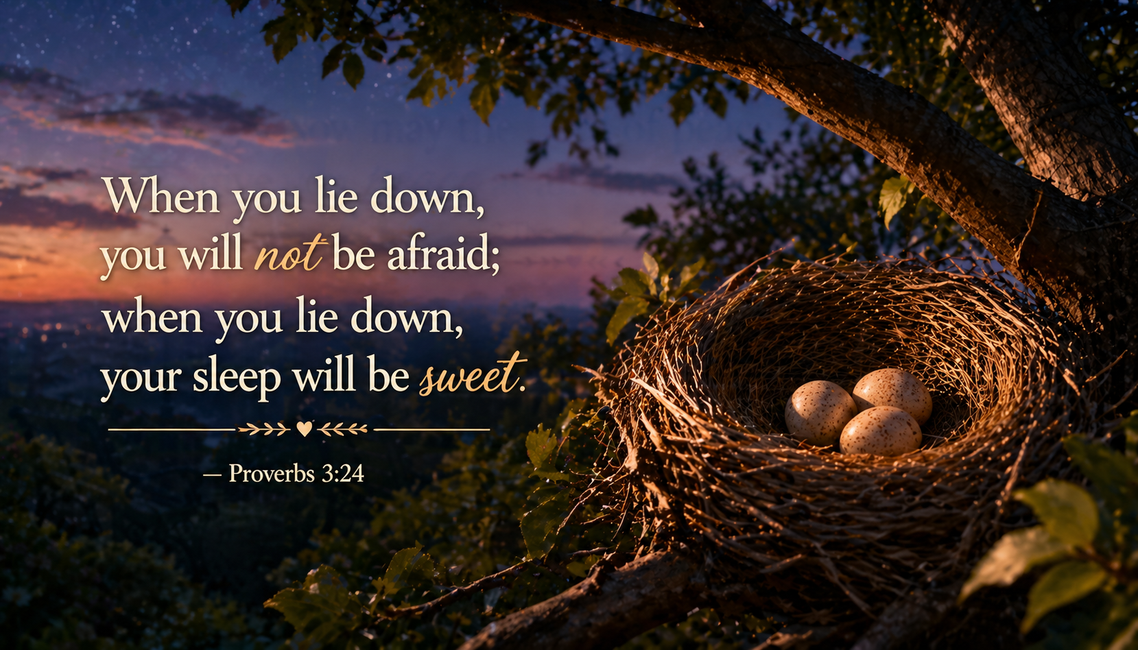 Bible verse wallpaper Proverbs 3:24 with bird nest high in tree at twilight with three eggs sheltered by branches